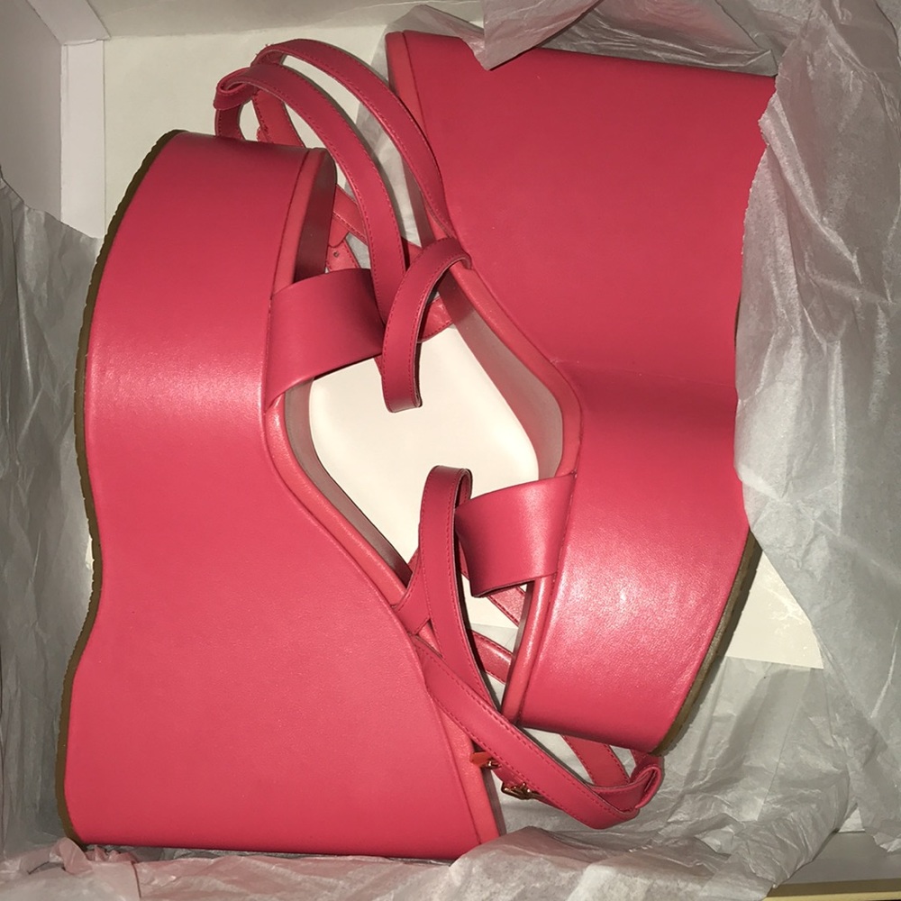 MICHAEL Michael Kors Neon Pink Leather Paola Strappy Platform Wedge Sandals NIB